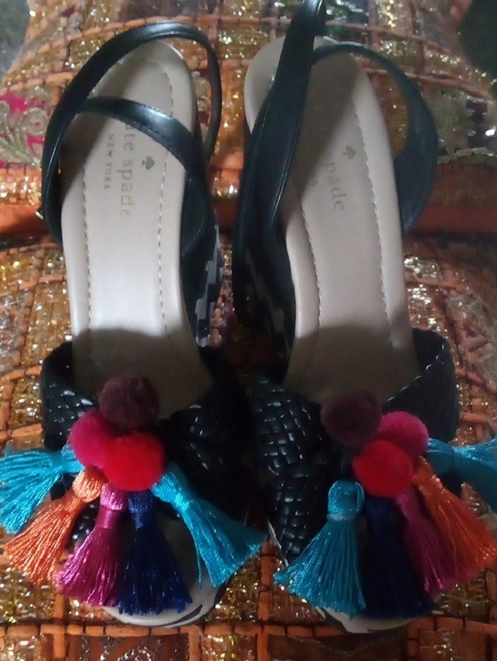 kate spade Black Woven Wedges  with Colorful Tassel Pom-Poms